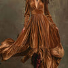 Velvet A-Line Maxi Dress - Deep V-Neck, Long Sleeves & Ruffled Hem, Floor-Length Vintage Formal Dress in Brown