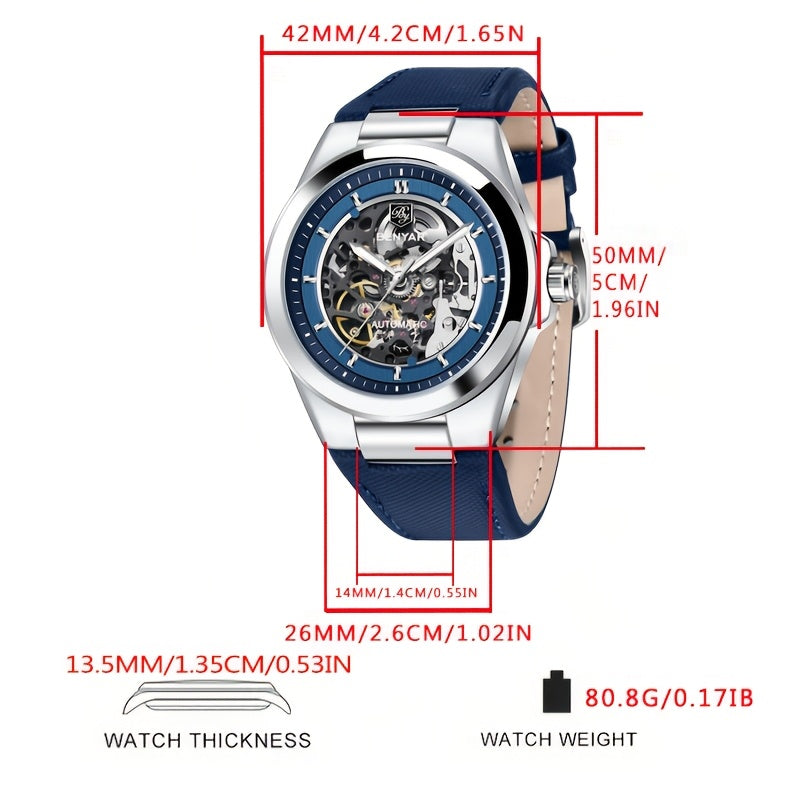 BY BENYAR Automatic Mechanical Unisex Watch – Luminous Round Dial, Blue & Gold Accents, PU Faux Leather Strap