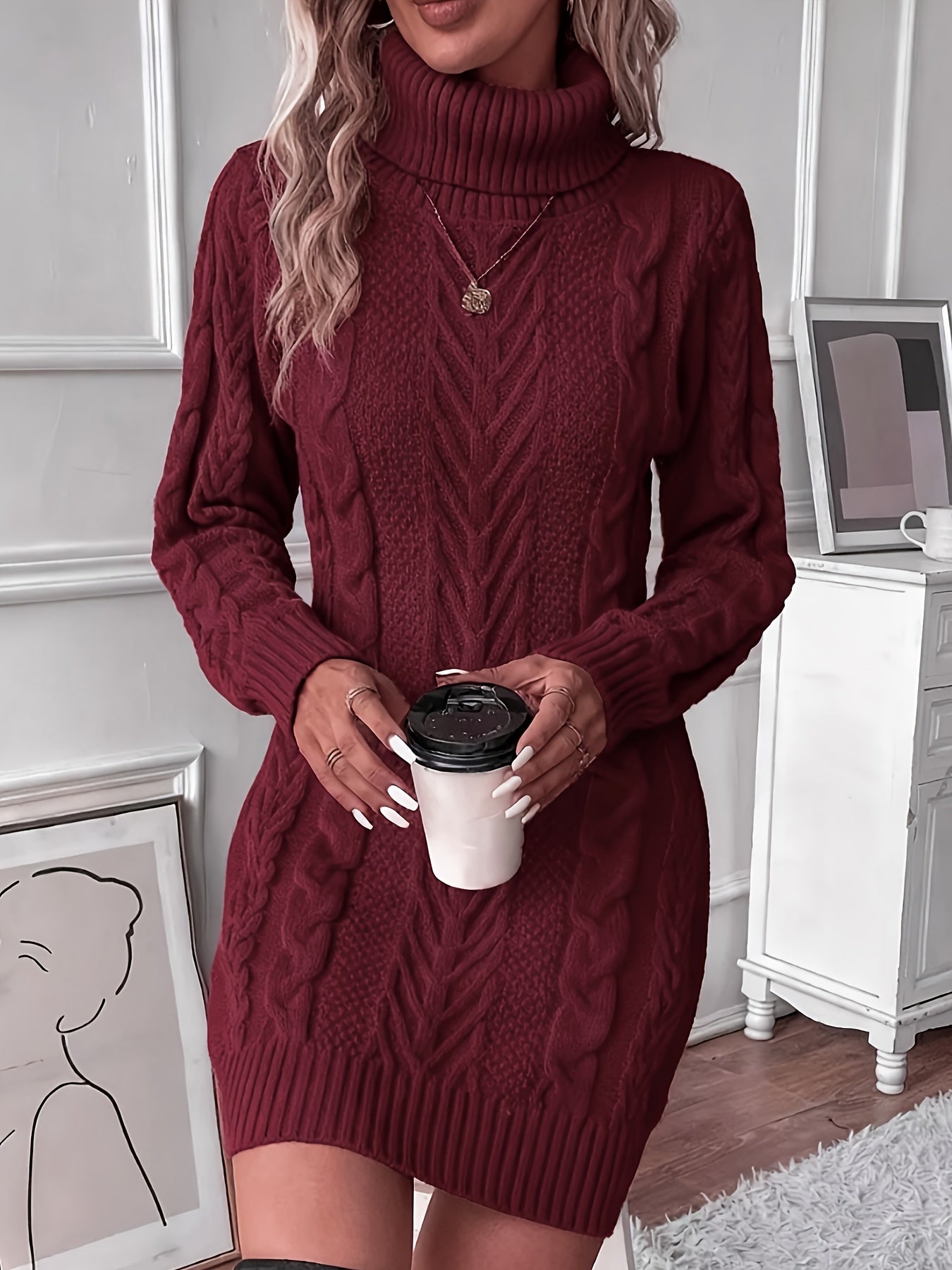 Women's Cable Knit Sweater Dress - High Neck Rib-Knit Long Sleeve Fall/Winter