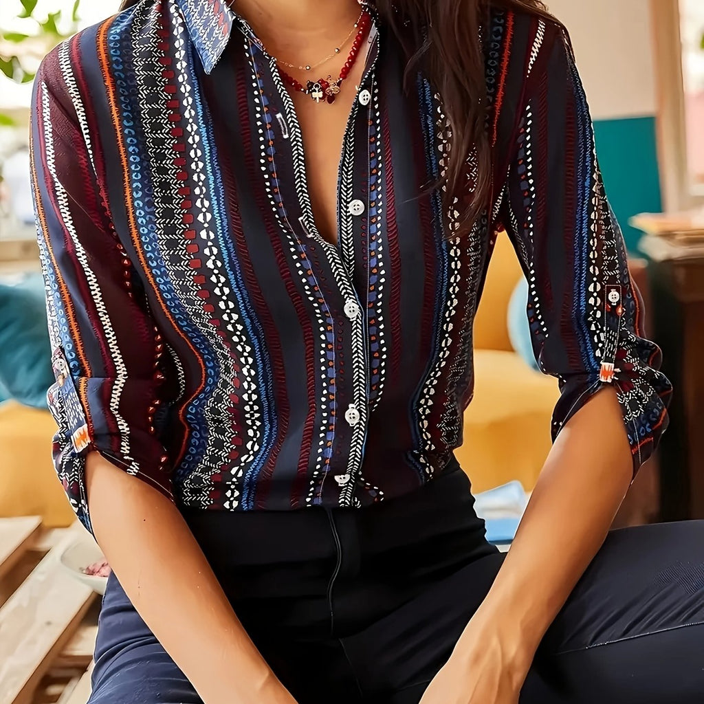 Ethnic Striped Button-Up Shirt - Vintage Long Sleeve Polyester Blouse for Women, Spring and Autumn