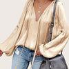 Green French Satin Tie-Front Blouse V-Neck Long Sleeve Ruched Top for Women