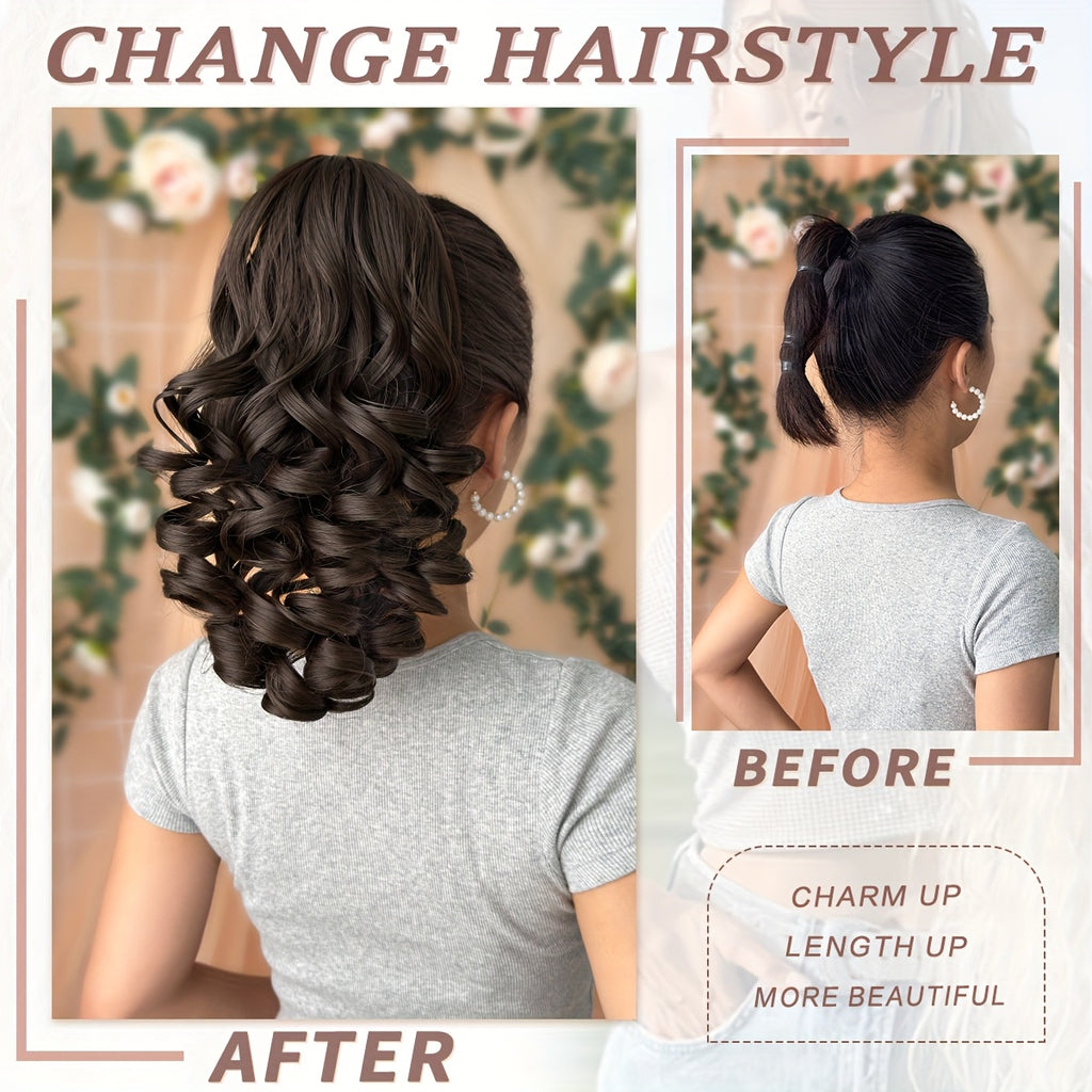 Women's 12-Inch Deep Wave Heat-Resistant Synthetic Claw Ponytail Hair Extension, Curly Clip-In, Multiple Colors (Black, Brown, Blonde, Red, Gray, Beige, White)