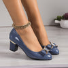 Women's Black Rhinestone Bow Pumps, Glossy Slip-On Block Heel Round Toe Dress Shoes