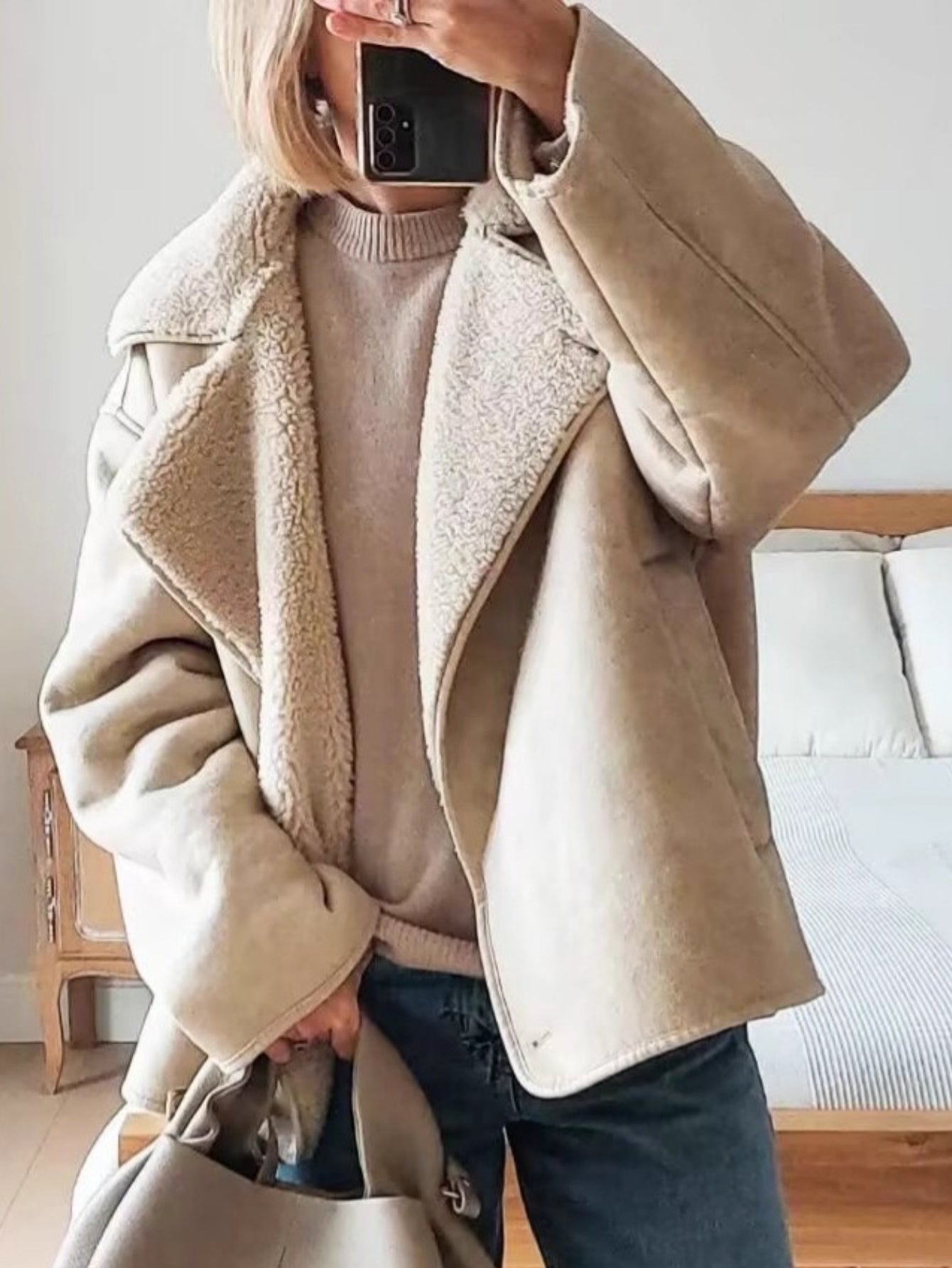 ARTPAGE Women's Suede-Like Faux Leather Jacket with Fur Lining — Short H-Line Black Winter Coat, Button Front Collar