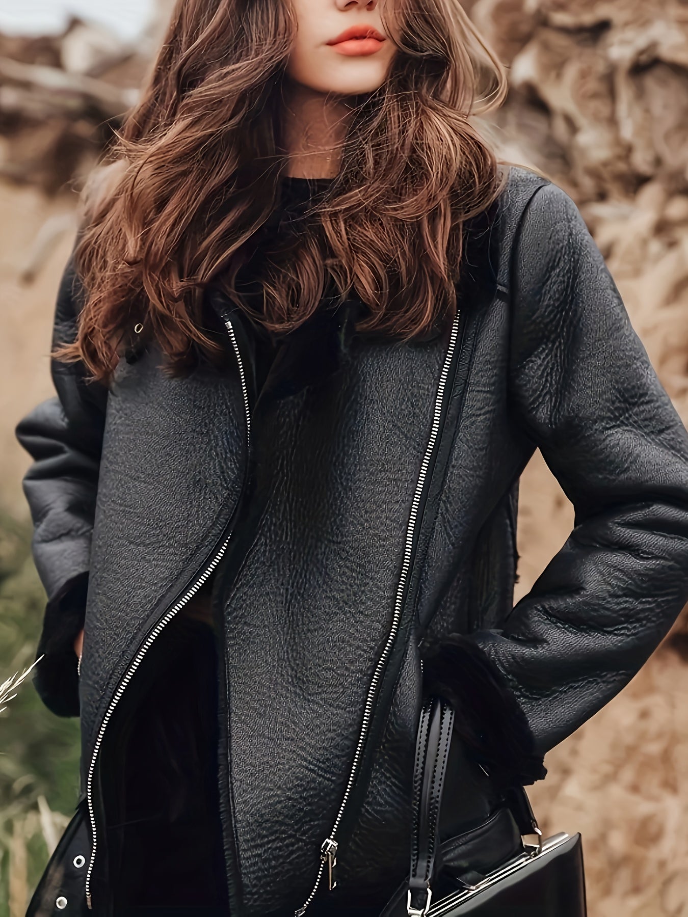 Women's PU Leather Motorcycle Jacket with Faux Fur Collar — Fleece-Lined Black Zip-Up, All-Season Casual