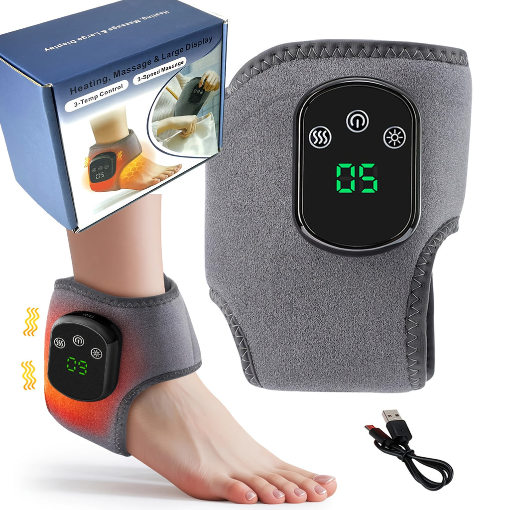 Adjustable Wireless Ankle Massager with Heat & Vibration – Rechargeable Temperature Sensing Timer, Unisex Gift
