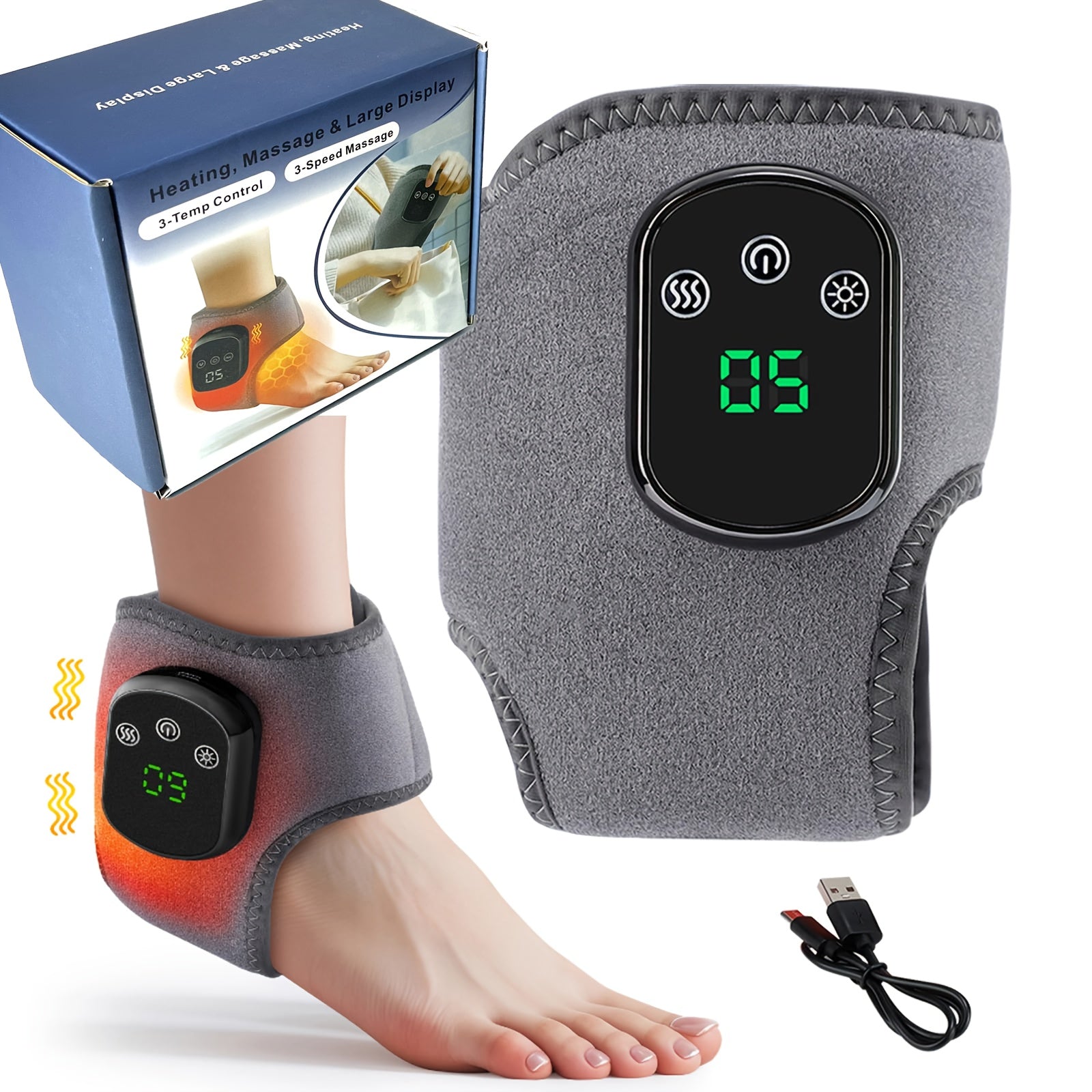 Adjustable Wireless Ankle Massager with Heat & Vibration – Rechargeable Temperature Sensing Timer, Unisex Gift