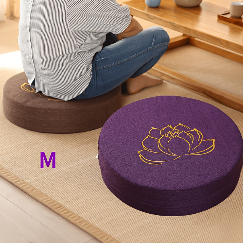 Purple Lotus Hemp Meditation Mat — Circular Woven Yoga Mat, Thick Medium-Firm Support for Kneeling & Floor Sitting