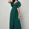 Green V-Neck Wide-Leg Jumpsuit for Women with Ruffle Sleeves & Tie Waist – Lightweight Polyester, Machine Washable, Spring/Summer