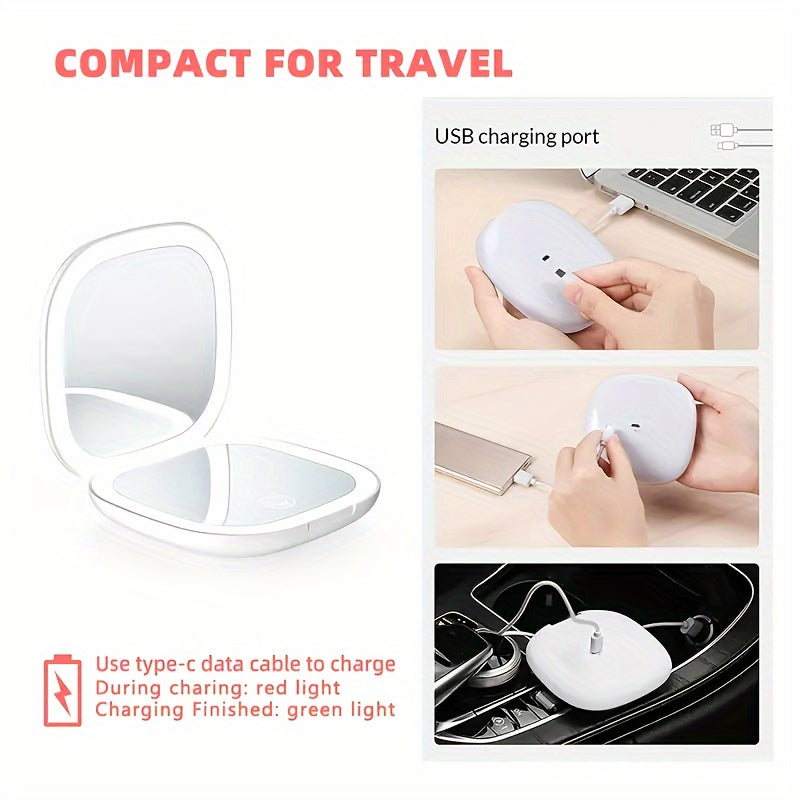 Foldable LED Travel Makeup Mirror - Double-Sided 1X/2X/3X Magnification, Adjustable Brightness, Rechargeable USB Pocket Mirror