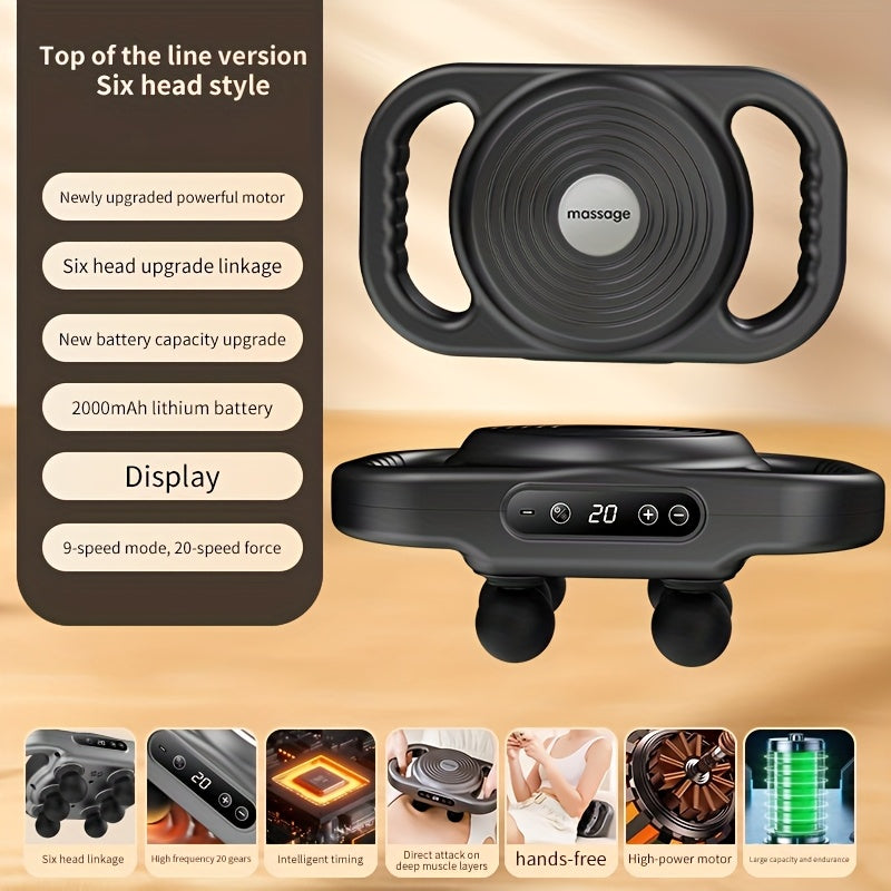 6-Head Percussion Massage Gun — Deep Tissue Massager, 44.1 lb (20 kg) Force, 9,600 RPM, 14 mm Travel, Rechargeable 1800mAh for Neck Back Legs Feet