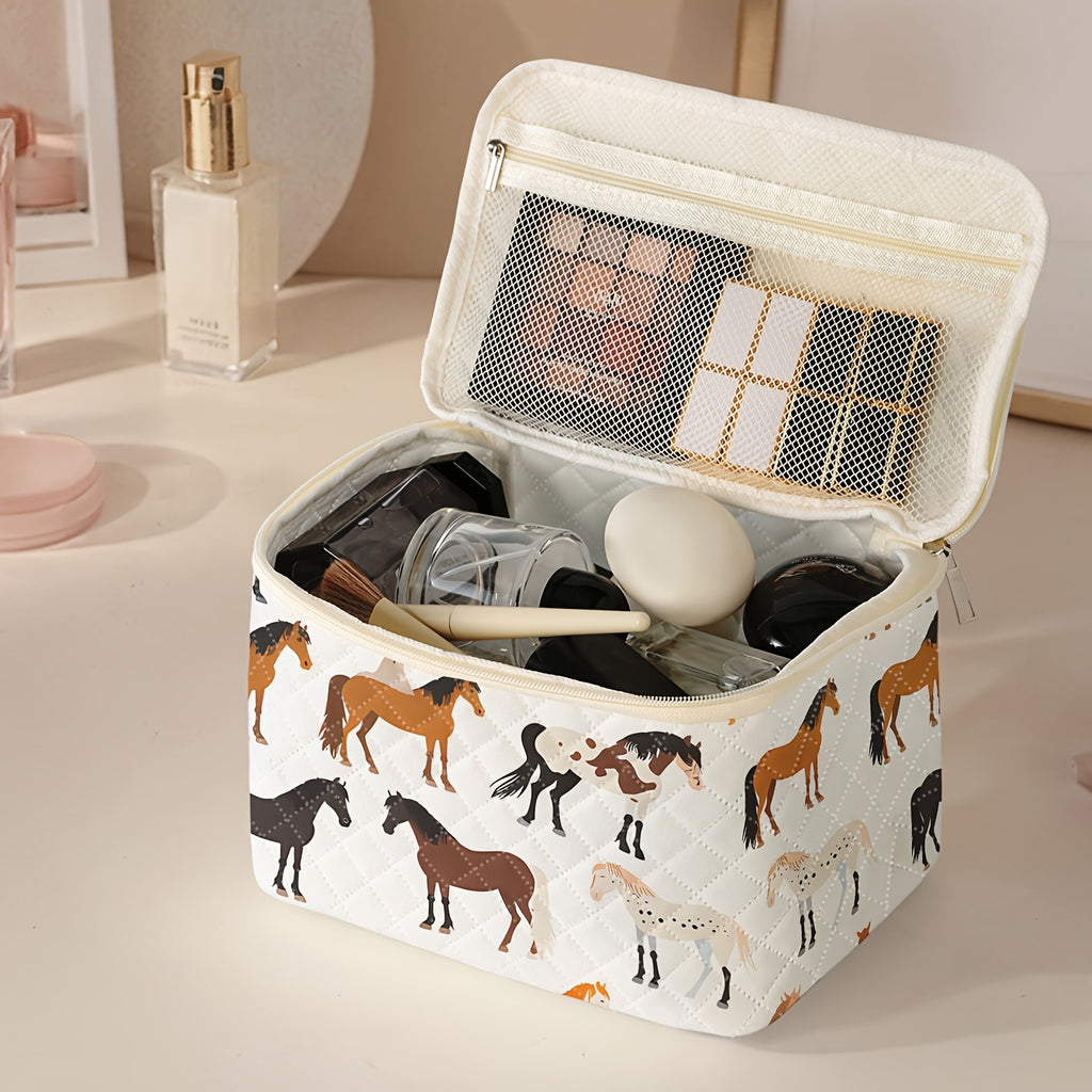 Horse Print Makeup Bag - Travel Cosmetic Case Organizer for Brushes & Toiletries, Durable Polyester, Zip Closure, Multi-Compartment