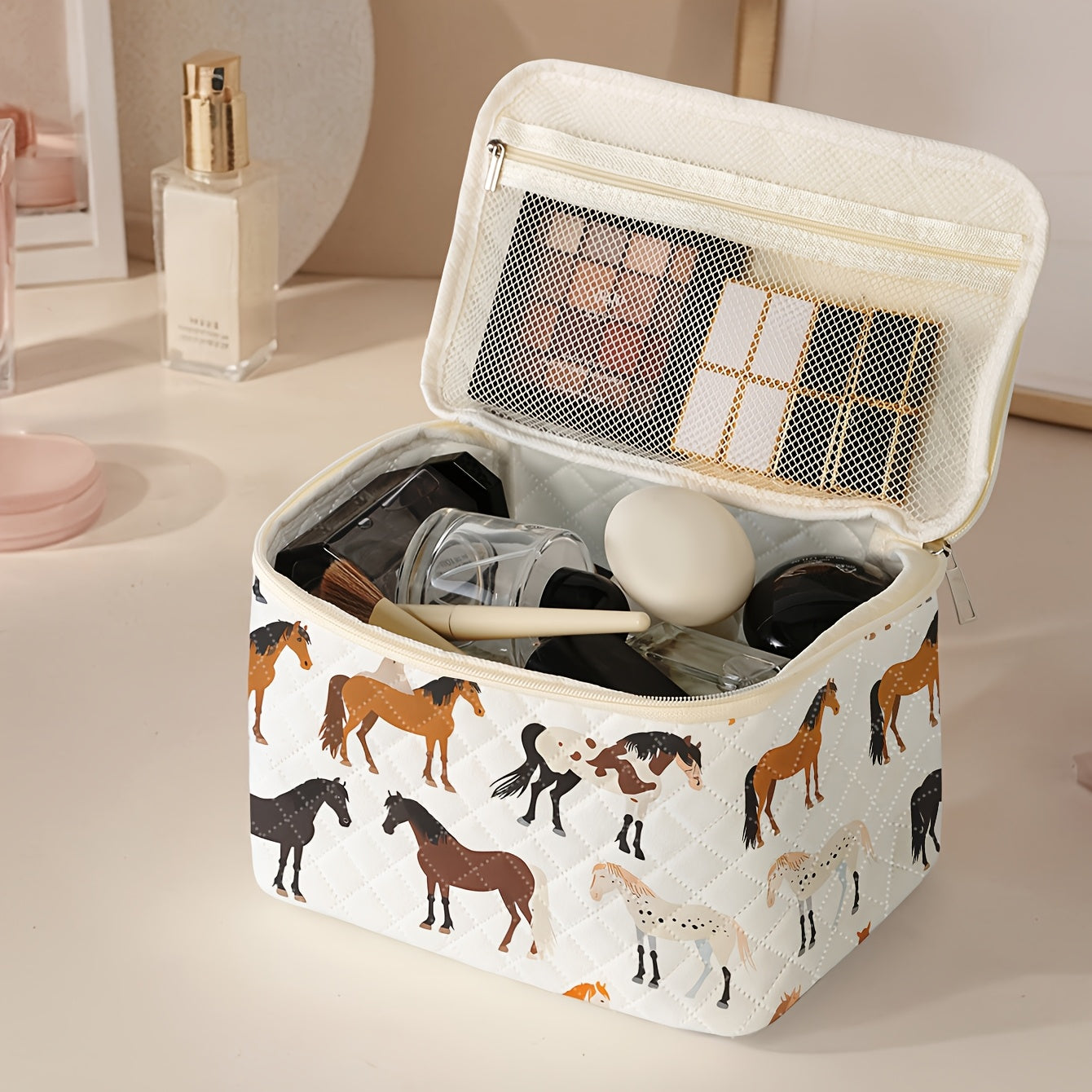 Horse Print Makeup Bag - Travel Cosmetic Case Organizer for Brushes & Toiletries, Durable Polyester, Zip Closure, Multi-Compartment