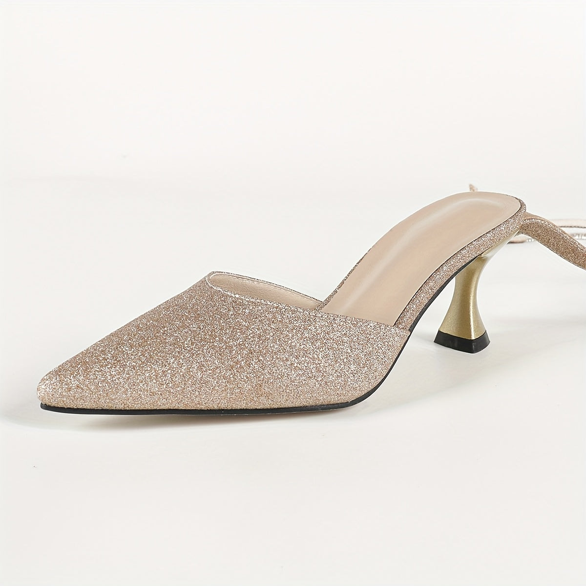 Women's Glitter Kitten Heel Sandals, Pointed Toe Ankle Strap with Adjustable Hook & Loop Closure for Weddings & Parties