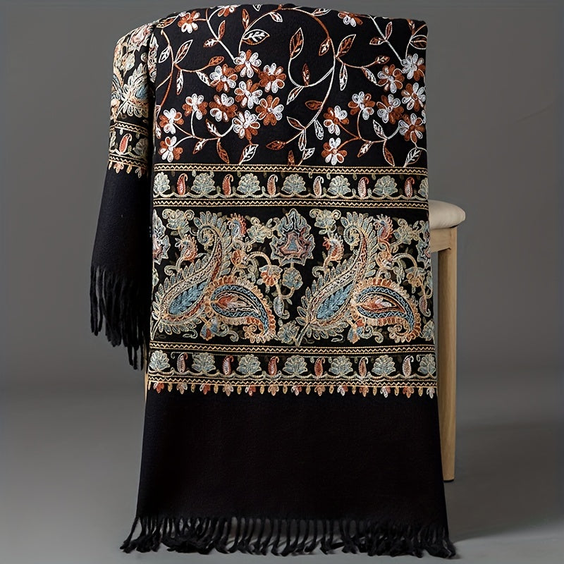 Bohemian Embroidered Floral Cashmere Scarf Shawl – Vintage Large Ethnic Wrap for Spring & Autumn