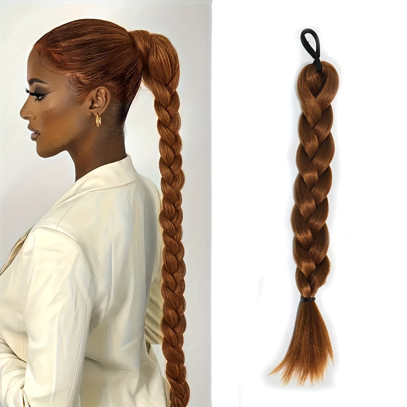 Box Braided Long Ponytail Extension for Women – Synthetic High-Temp Fiber with Elastic Hair Tie
