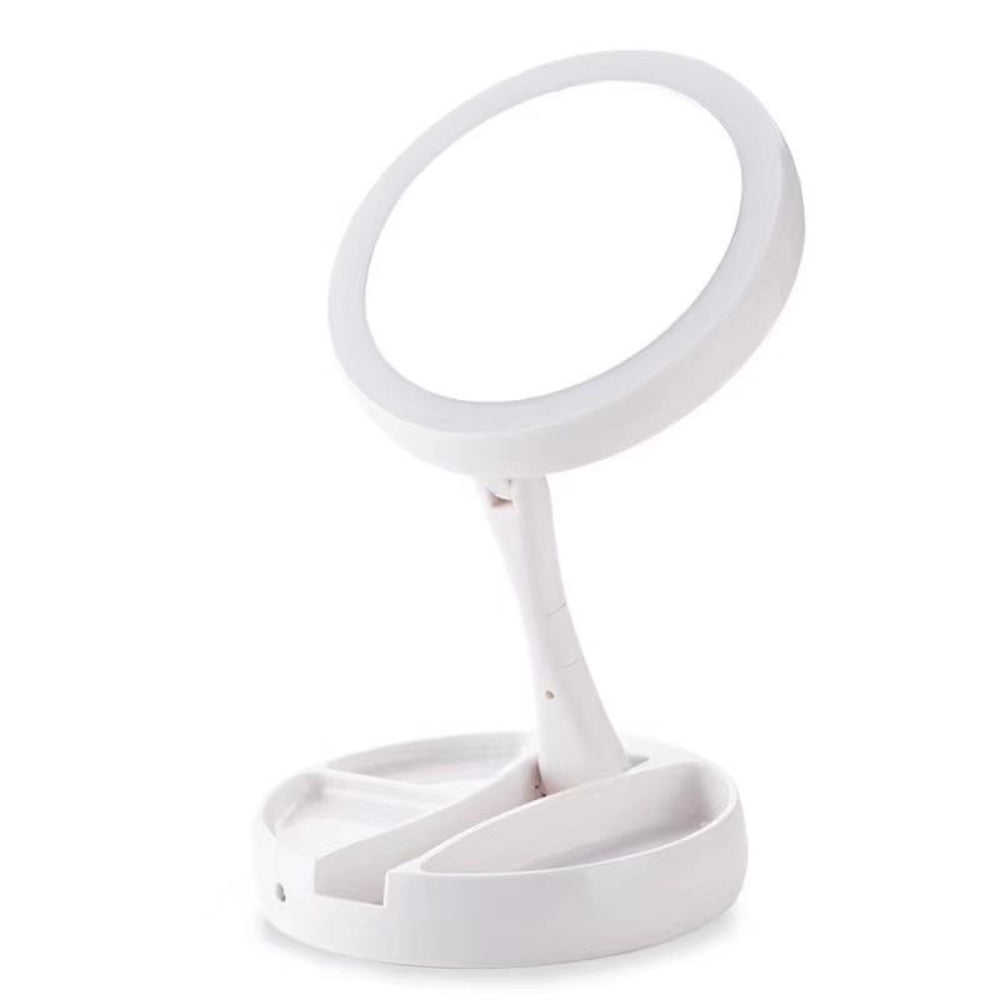 Foldable LED Vanity Mirror - Dual-Sided 1X/10X Magnification, Adjustable Brightness, Compact White Makeup Mirror