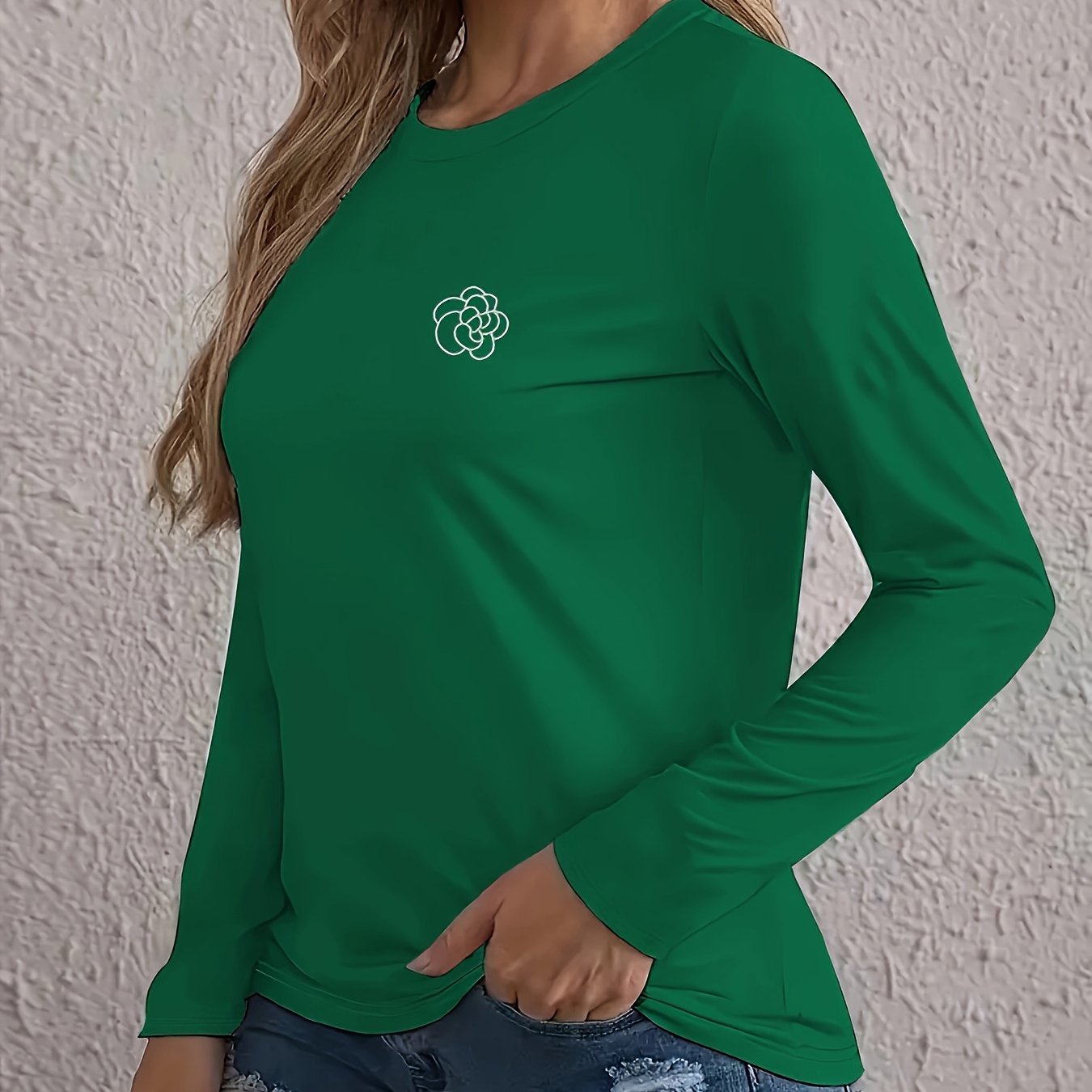 Women's Green Long Sleeve Tunic Top with Floral Embroidered Collar — Stretchy Relaxed Blouse for Casual & Office Wear