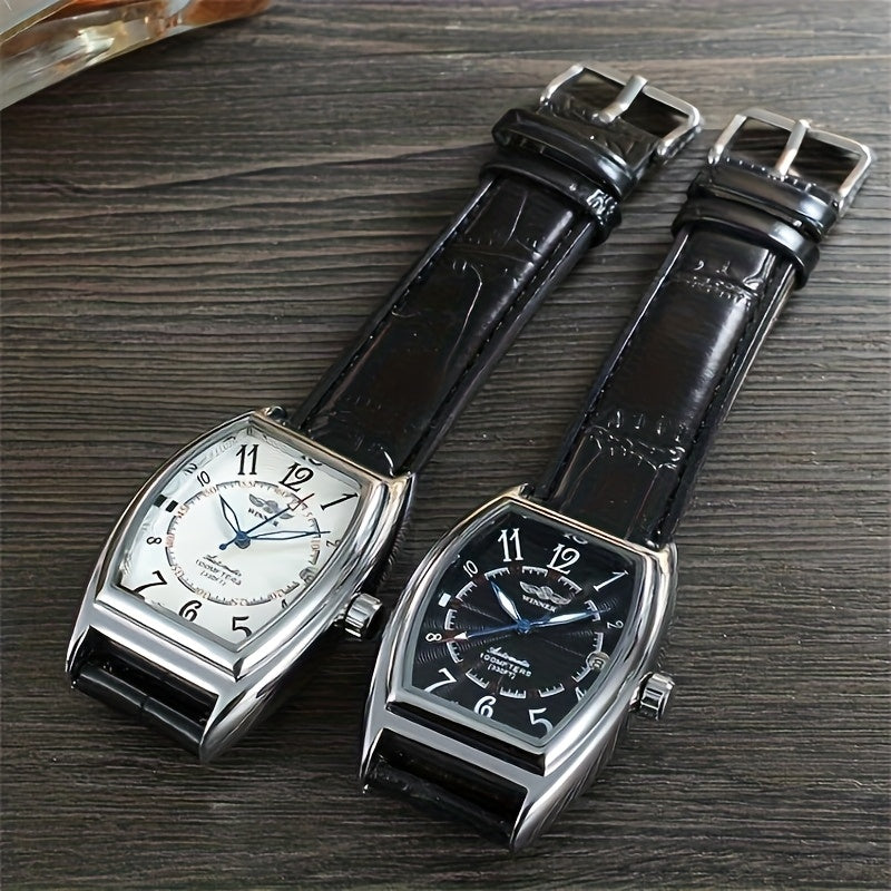 Women's Automatic Mechanical Watch Tonneau Case Faux Leather Strap Blue Hands Date Calendar Vintage Gift