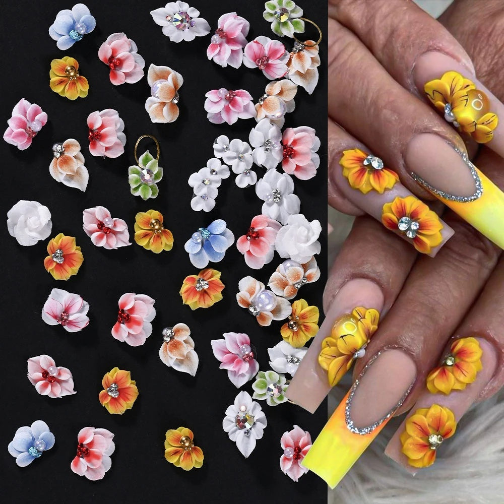 10-Pack 3D Acrylic Carved Flower Nail Art Charms Rhinestone Sculpted Cherry Blossom Nail Decorations