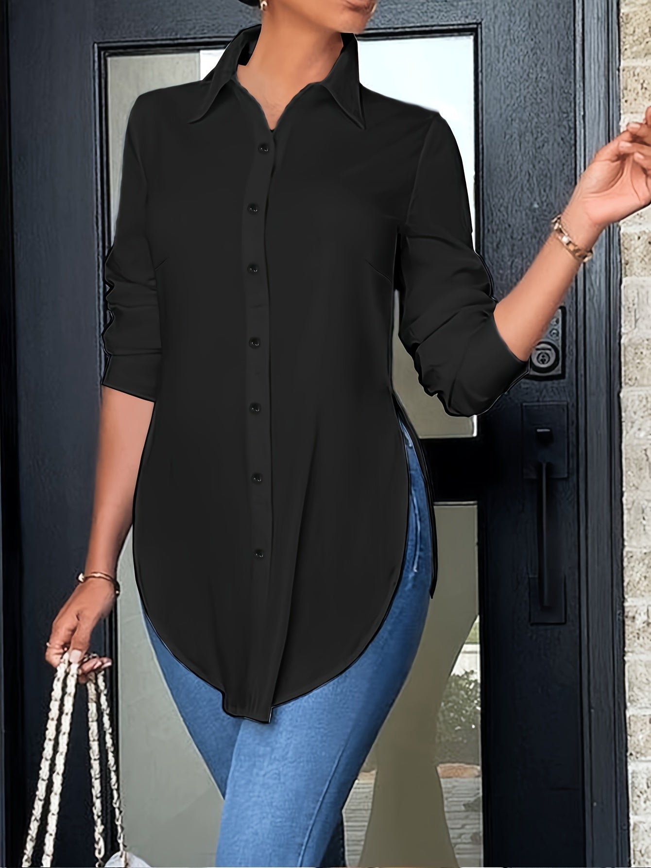 Women's Elegant Long-Sleeve Button-Front Blouse with Side Slit — Woven Polyester All-Season Office & Casual Shirt