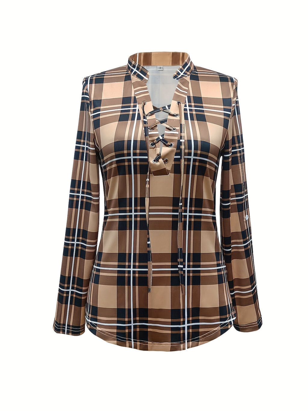 Plaid Drawstring V-Neck Blouse - Casual Long Sleeve Top for Women