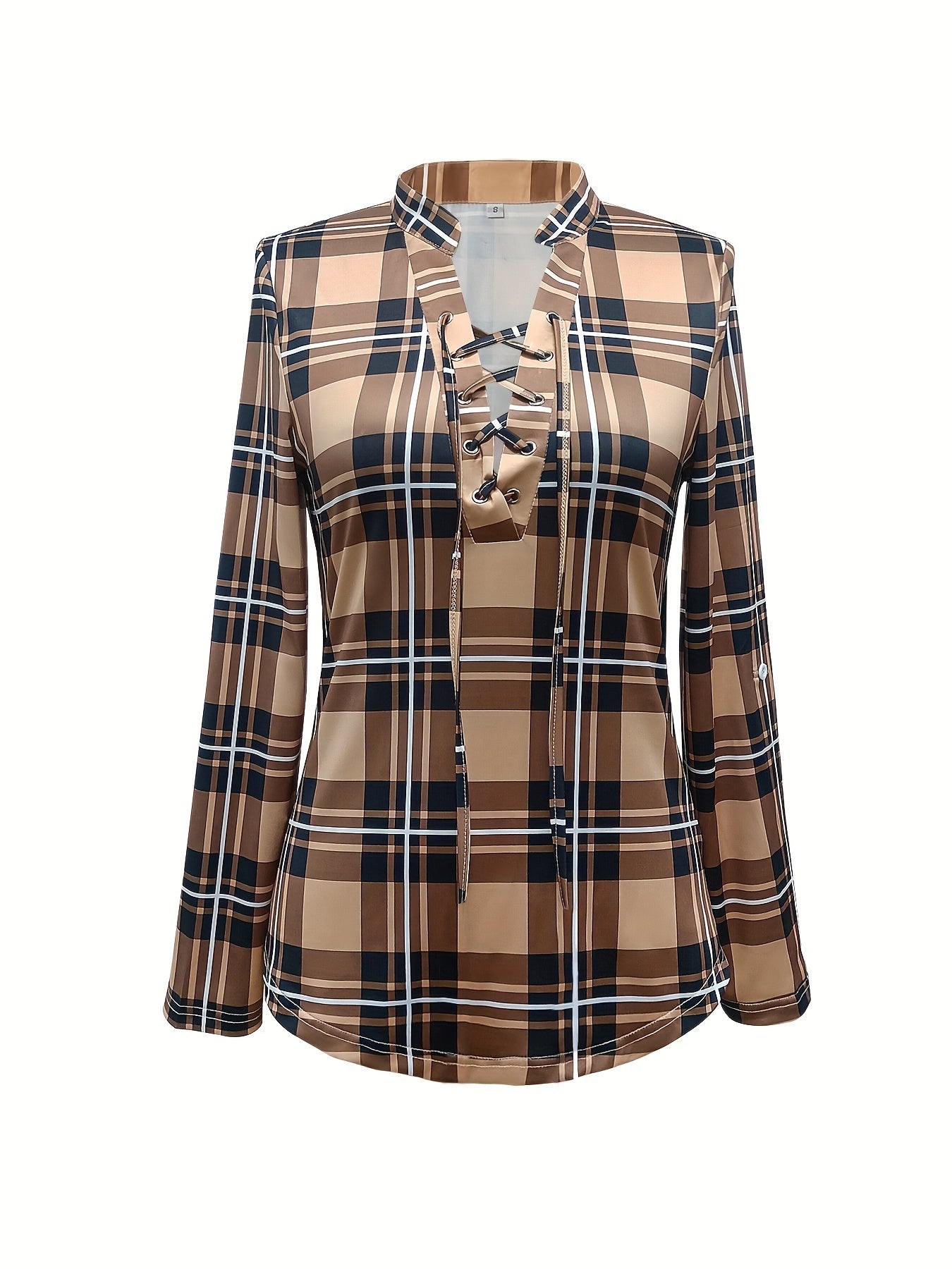 Plaid Drawstring V-Neck Blouse - Casual Long Sleeve Top for Women
