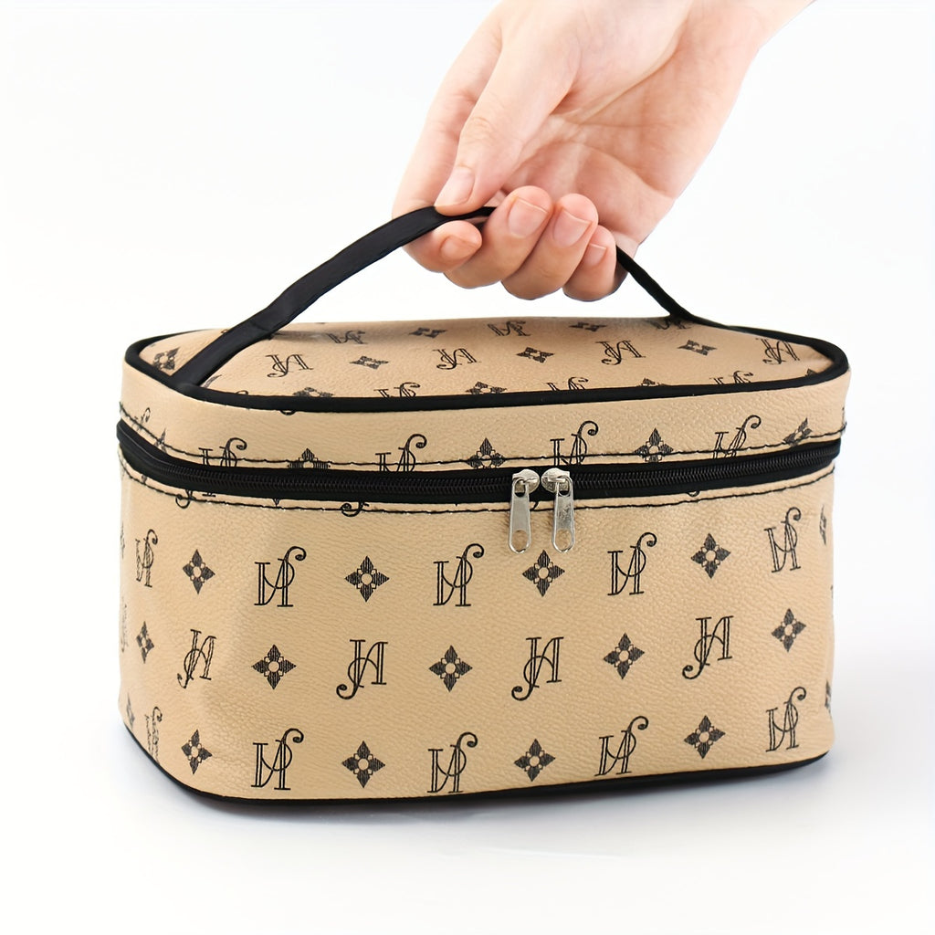 Minimalist Faux Leather Makeup Bag, Beige with Black Handles & Zipper, Compact Square Cosmetic Case and Portable Toiletry Organizer