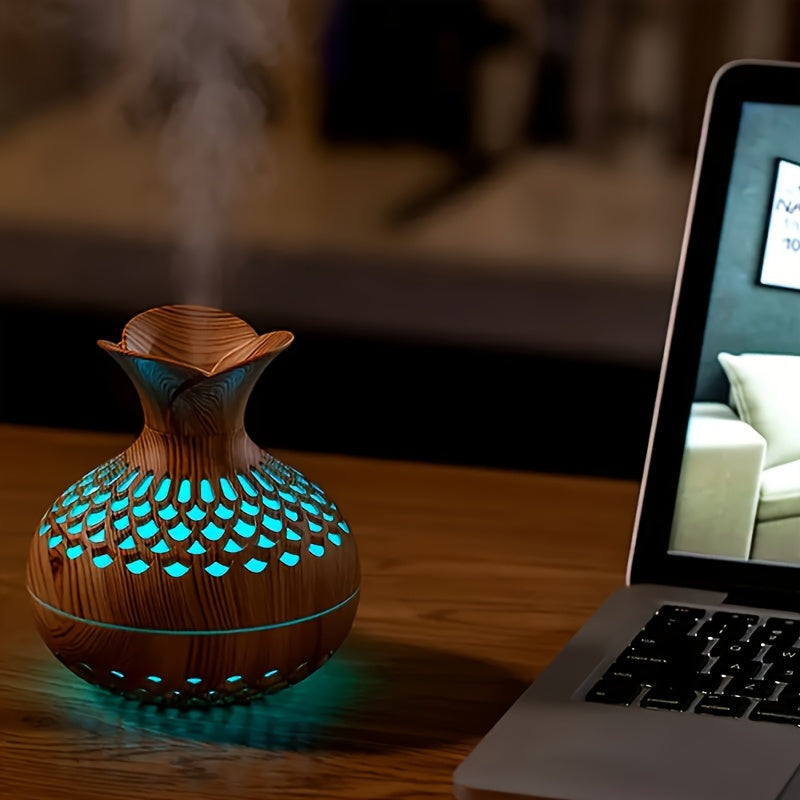 USB-Powered Wood Grain Flower Humidifier & Desk Lamp — Essential Oil Diffuser for Home & Office