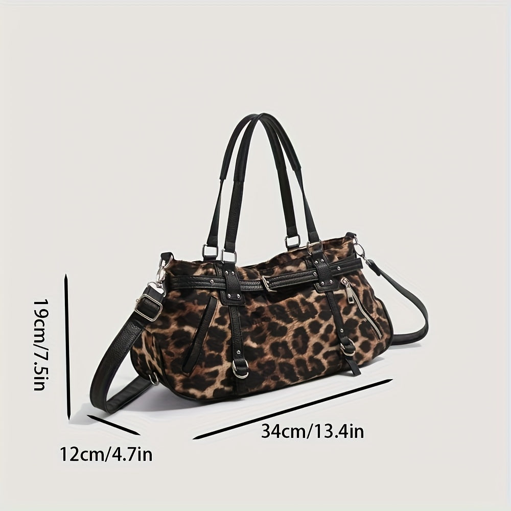 Retro Grunge Shoulder Bag for Women - Detachable Strap, Zipper Nylon Baguette Purse in Bright Pink/Black with Oil-Tanned Trim & Metallic Hardware