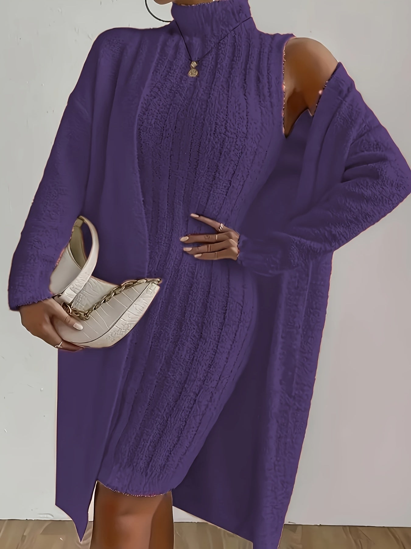 Plus Size Cozy Teddy Bear Sweater Dress & Strapless Cardigan Set - Red Ribbed Knit Two-Piece for Fall/Winter