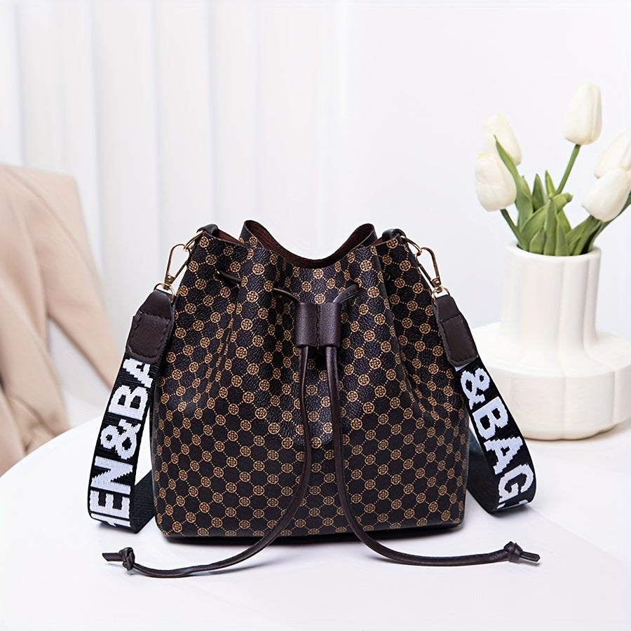 Women's PU Bucket Bag - Large Capacity Drawstring Crossbody & Shoulder Bag with Geometric Print