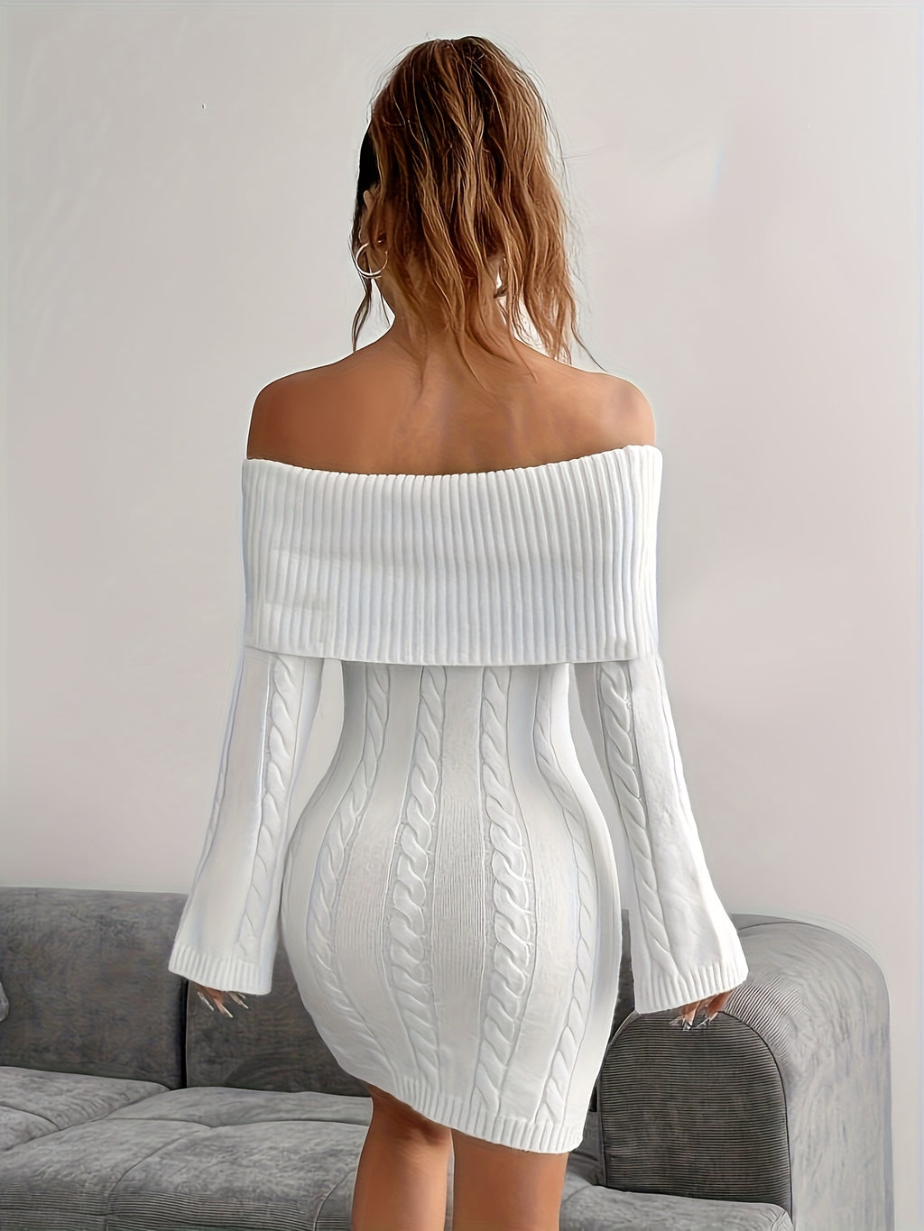 Women's Off-the-Shoulder White Cable Knit Sweater Dress - Long Sleeve A-Line for Weddings, Parties & Winter