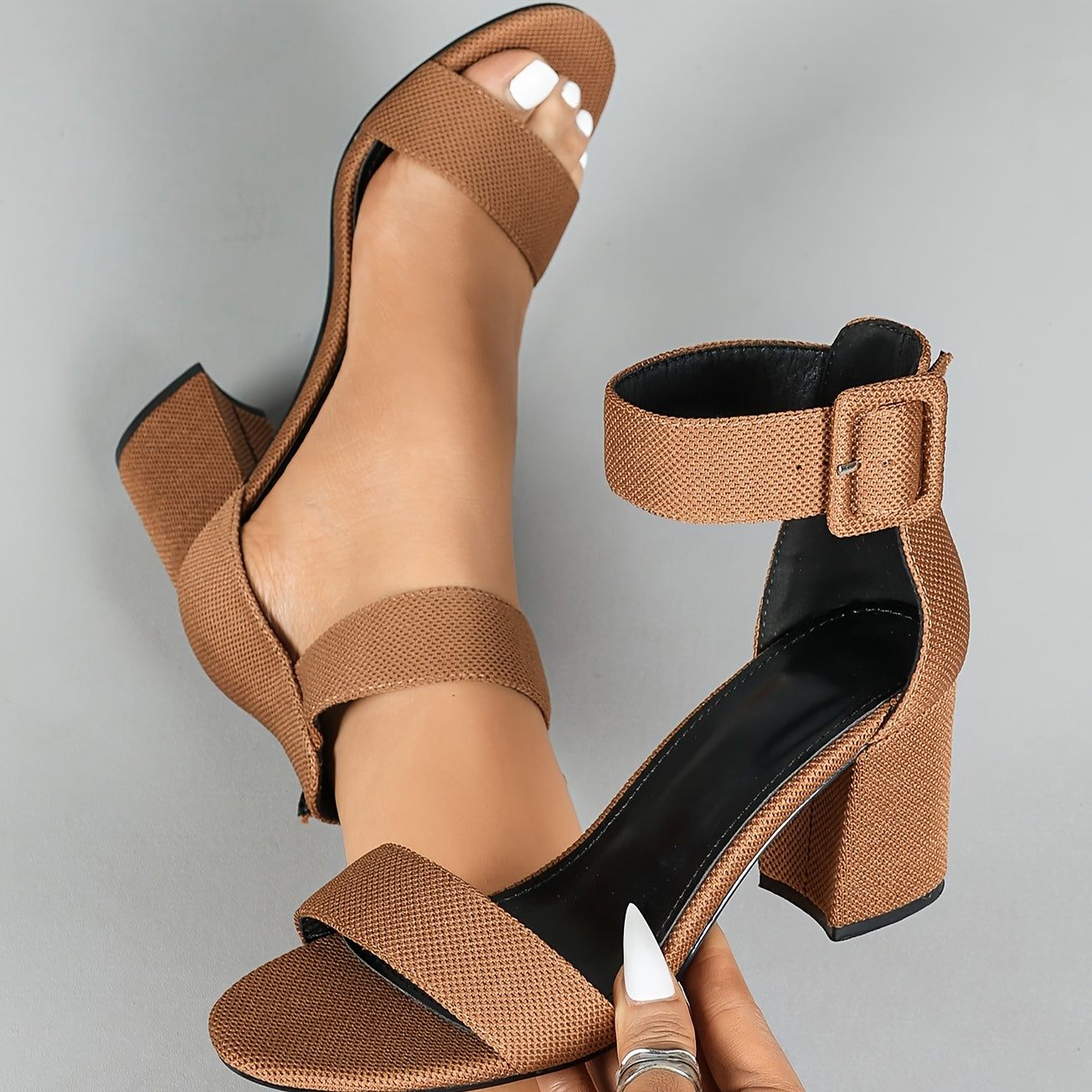 Lightweight Breathable Women's Knit Heeled Sandals - Minimalist Open Toe Block Heel with Adjustable Ankle Strap, 11 Colors