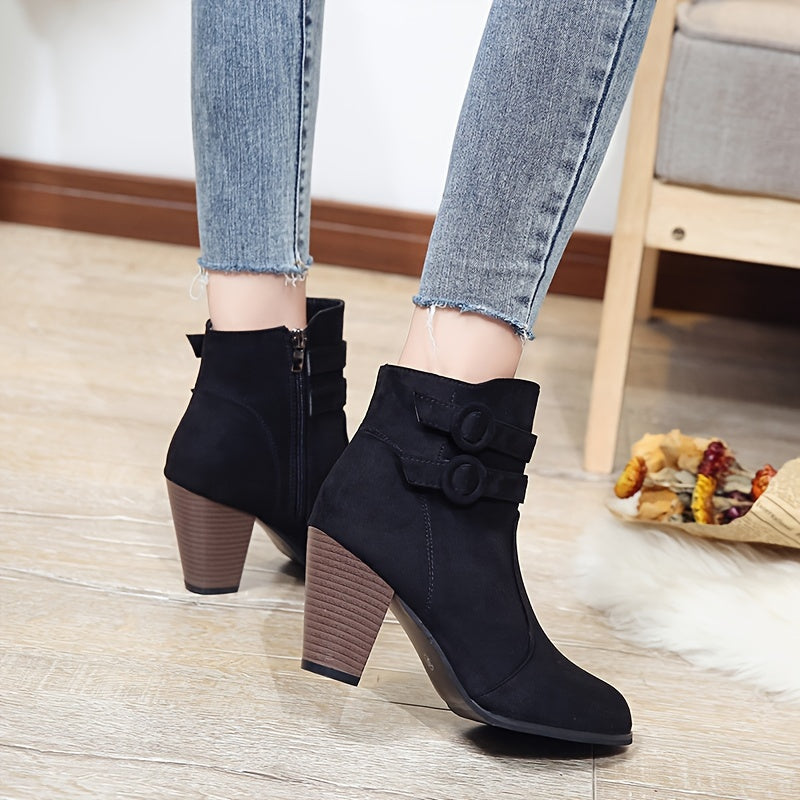 Womens Glam Ankle Booties - Pointed Toe Zipper Booties with Block High Heel, Fabric Upper & Rubber Sole