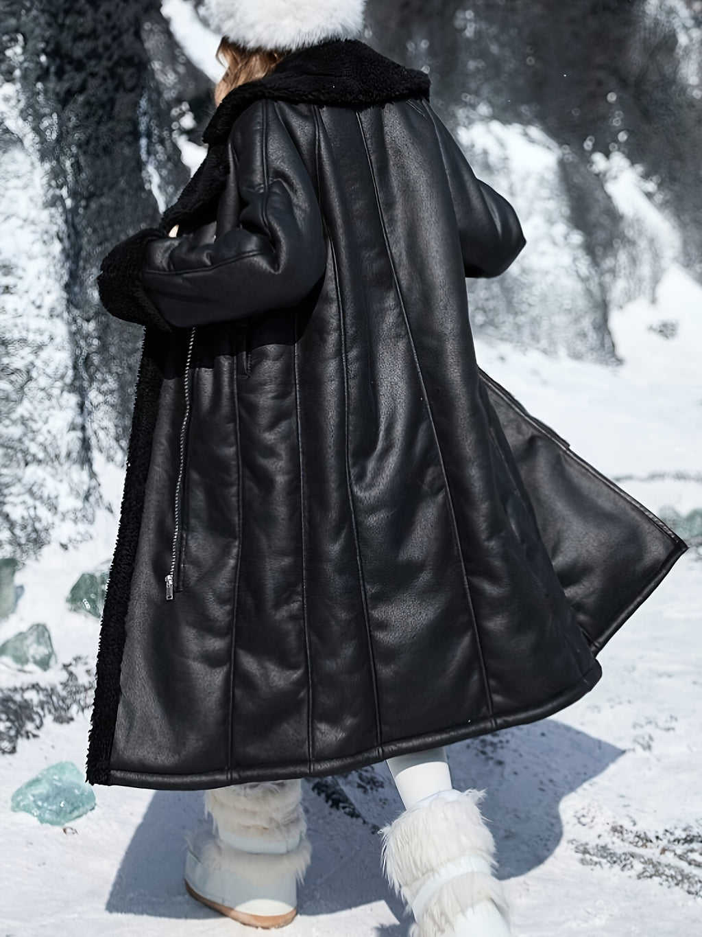 AFTF BASIC Women's Mid-Length Plush-Lined Jacket with Fur-Trim Collar and Asymmetrical Hem, Machine Washable All-Season Black Coat