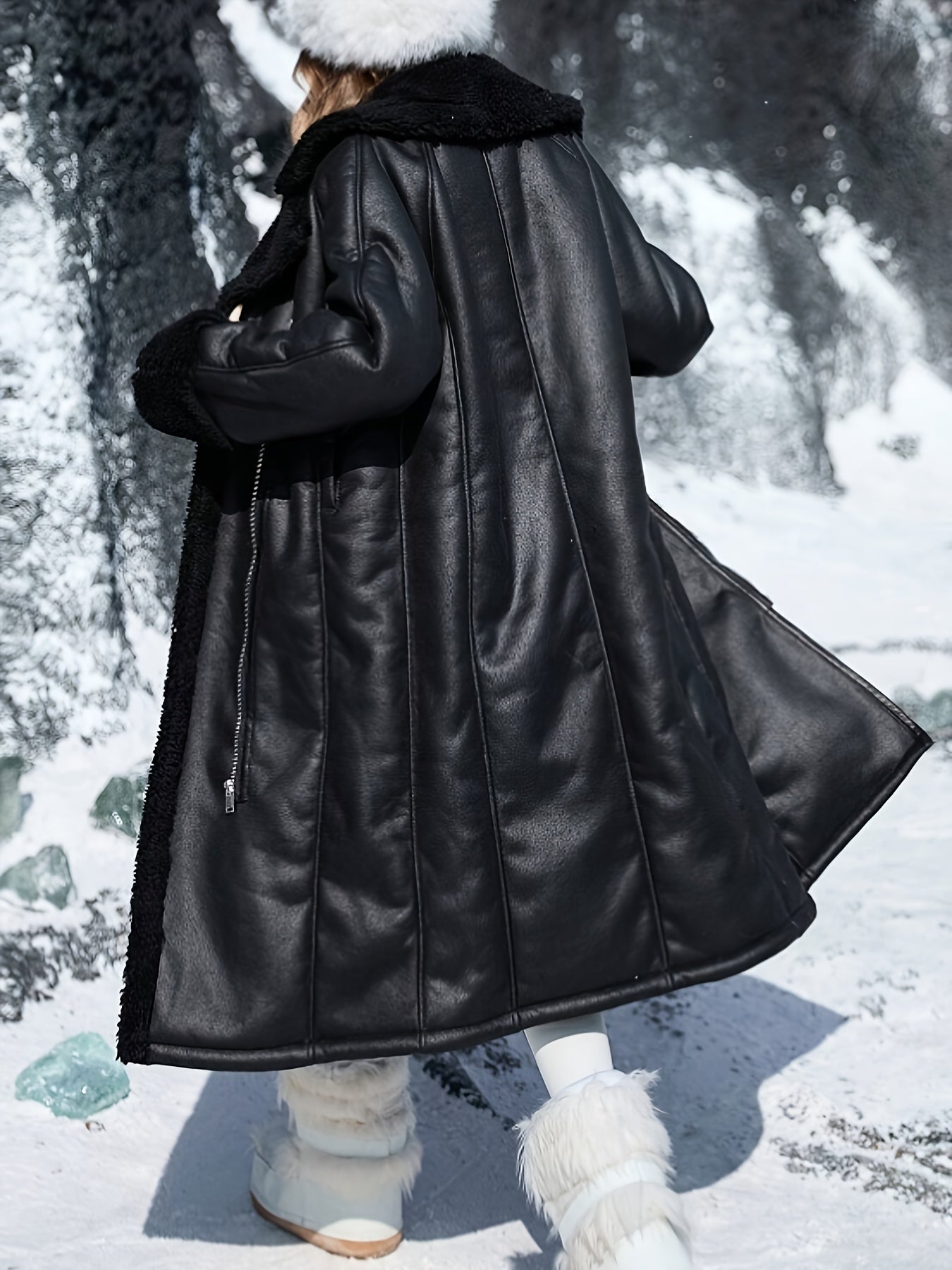 AFTF BASIC Women's Mid-Length Plush-Lined Jacket with Fur-Trim Collar and Asymmetrical Hem, Machine Washable All-Season Black Coat