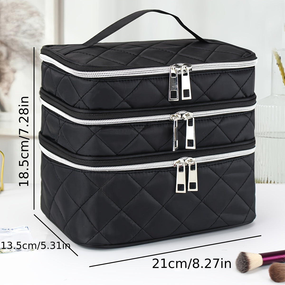 Large Capacity Black Rhombus Travel Organizer Bag – 3-Tier Double-Layer Makeup Case with Gold Zippers