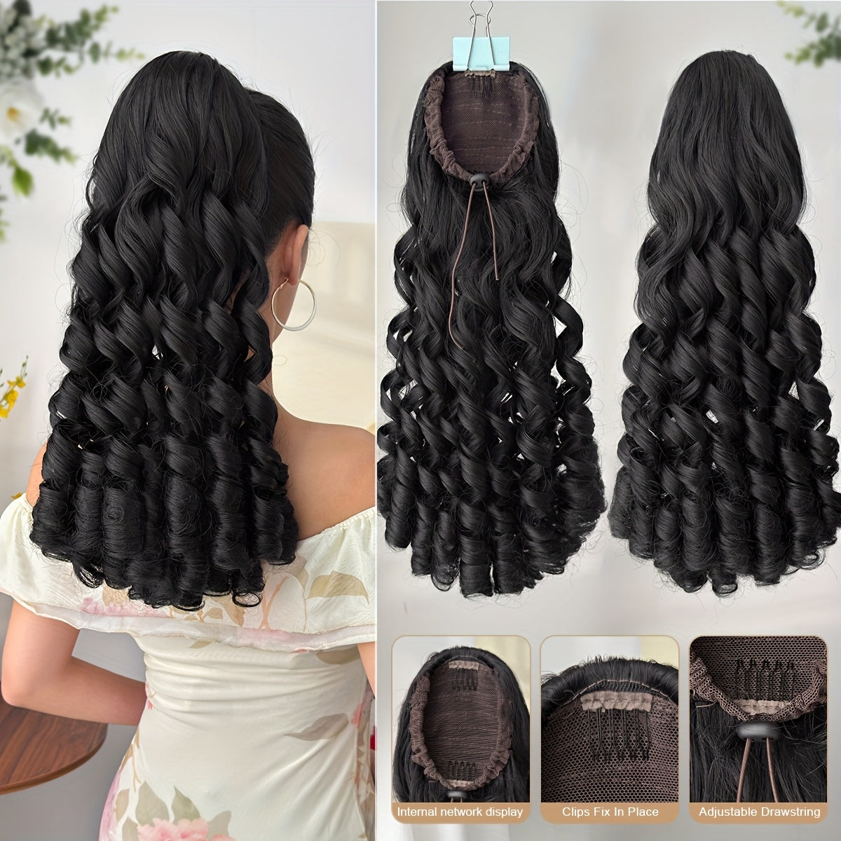 20" (50 cm) Deep Wave Drawstring Ponytail Extension – Clip-In Synthetic Hair in Burgundy, Red, Black, Brown, Blonde