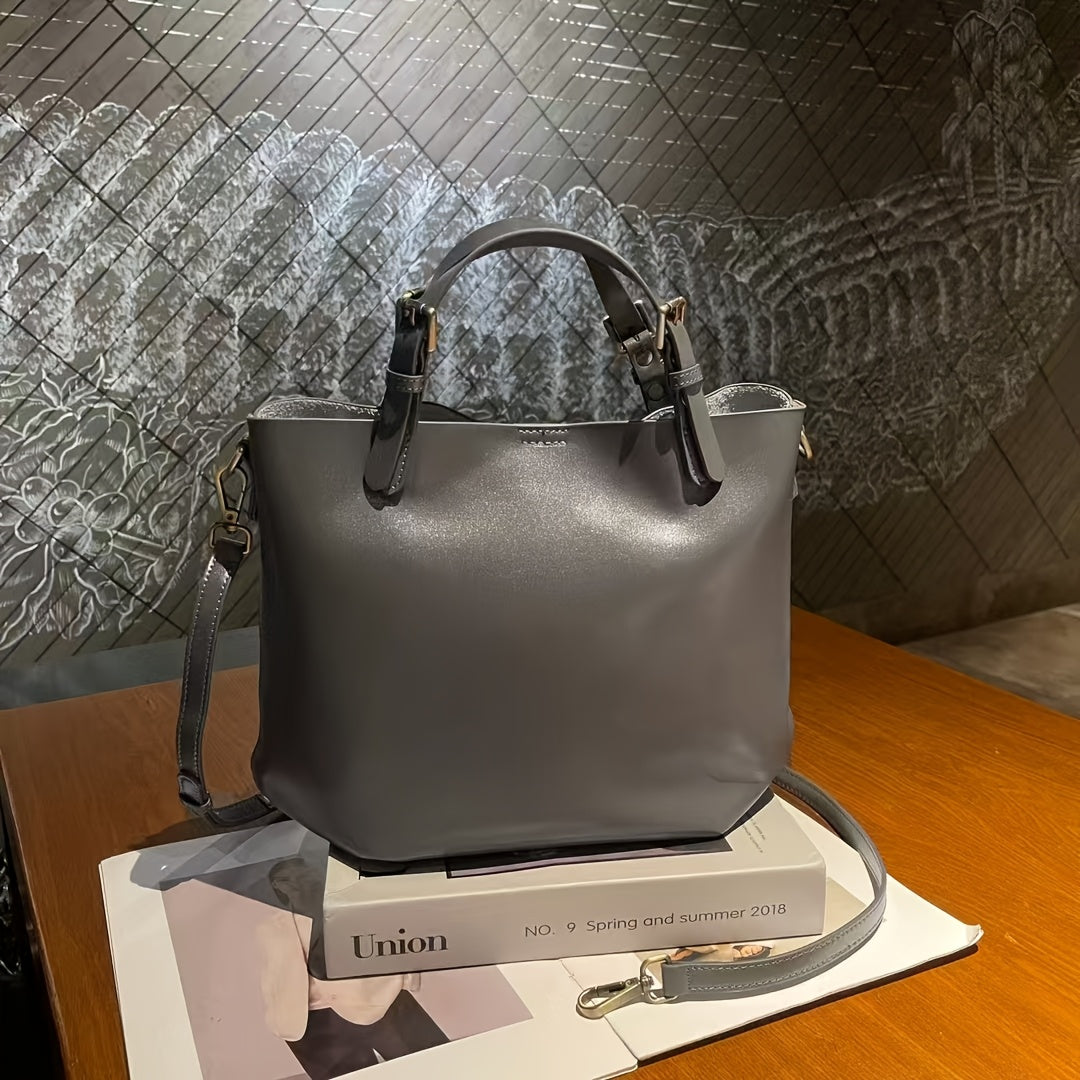 Top-Grain Cowhide Leather Tote Bag for Women - Large-Capacity Minimalist Commuter Handheld Crossbody Bucket Bag