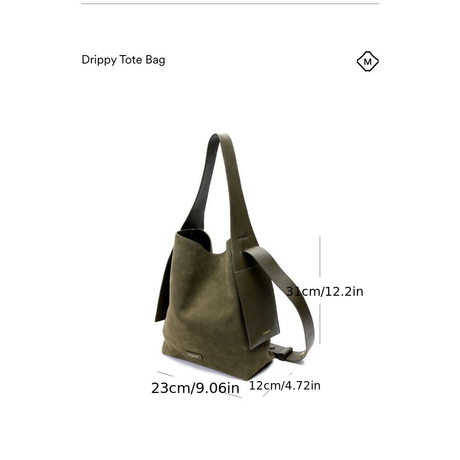 Genuine Leather Crossbody Bucket Bag - Olive Green & Caramel Tan Suede Lining, Ear-Hook Buckle, Single Shoulder Strap
