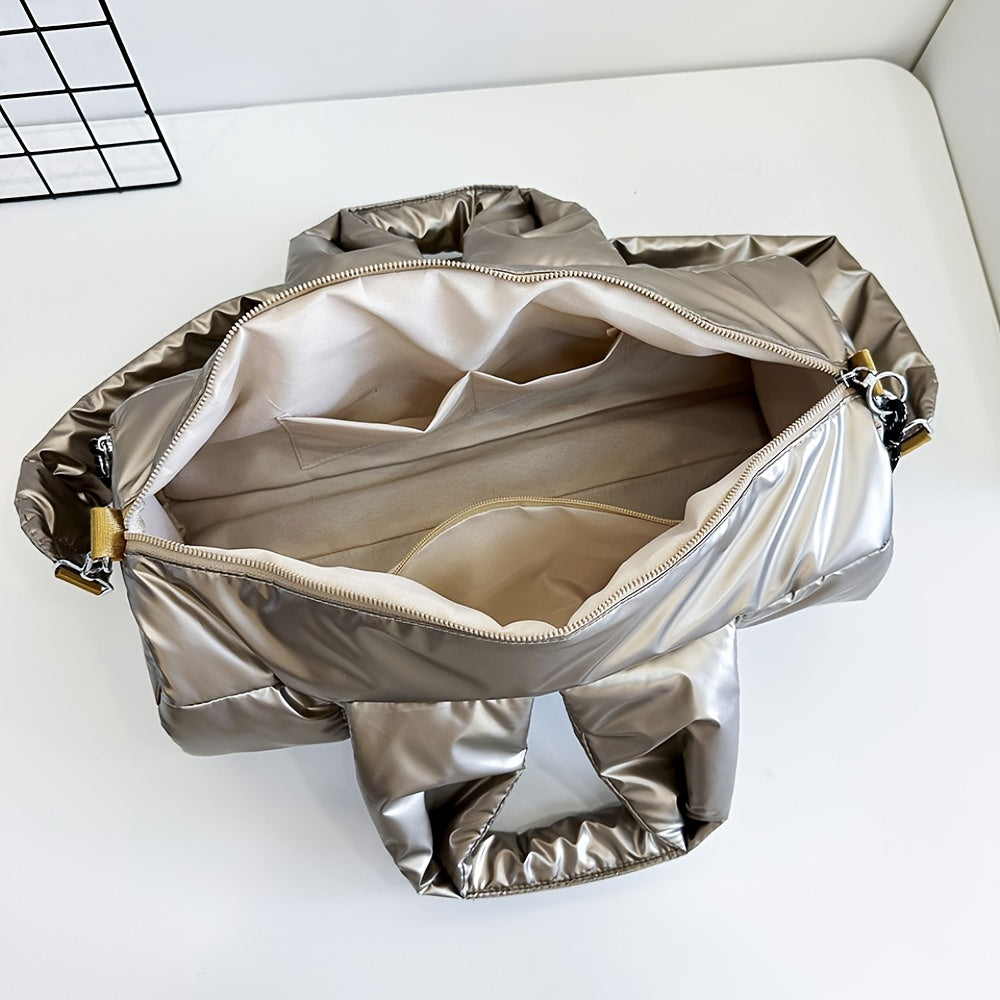 Quilted Puff Bucket Shoulder Bag Large Capacity PU Handbag with Detachable Strap Gold-Tone Hardware Zipper Closure Champagne Black Silver Blue