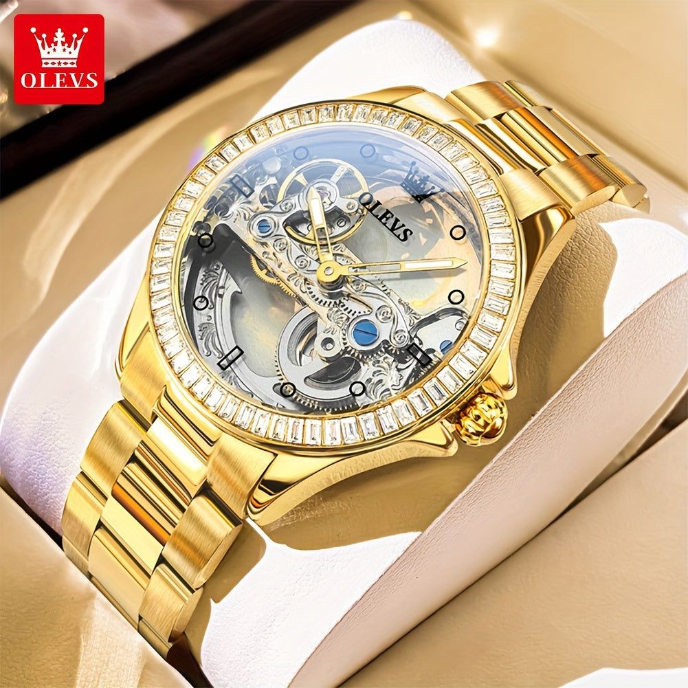 OLEVS Women's Luxury Automatic Skeleton Mechanical Watch – Stainless Steel Case, Faux Leather Strap, Luminescent Hands