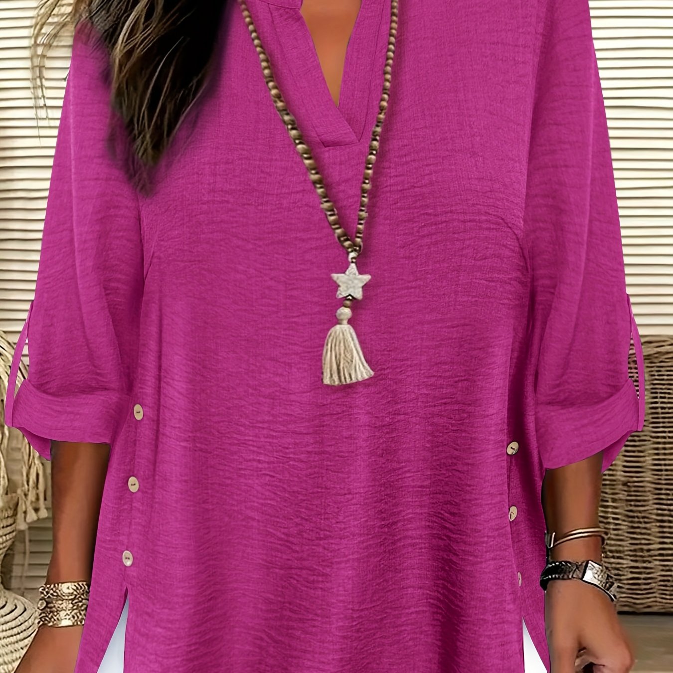 Plus Size Faux Denim Blouse with Decorative Buttons & Tassel Knot Front High-Low Hem Spring/Summer Polyester Blend