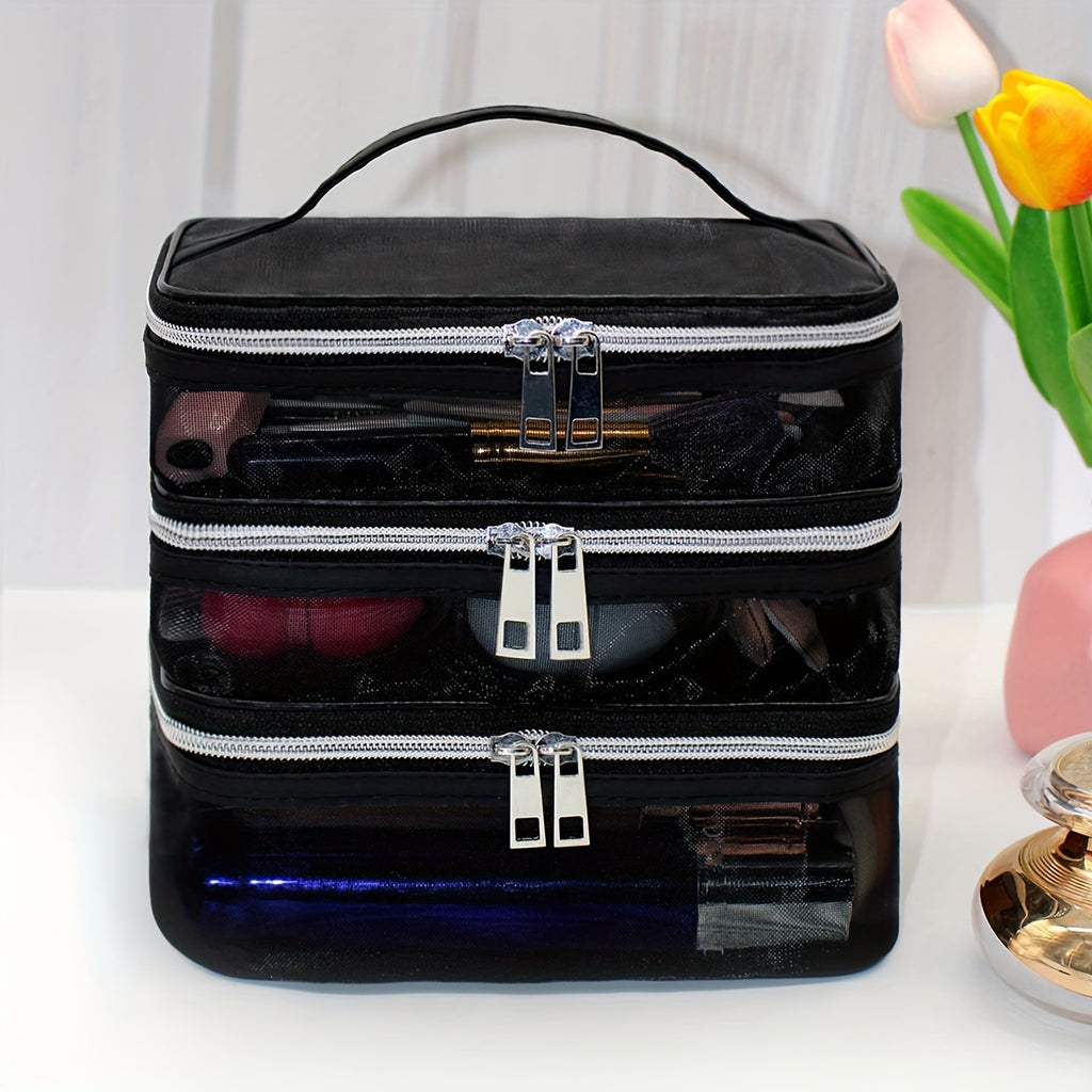 Large Capacity Nylon Multi-Layer Makeup Bag Organizer, Mesh Cosmetic Pouch for Travel & Home, Portable Unisex