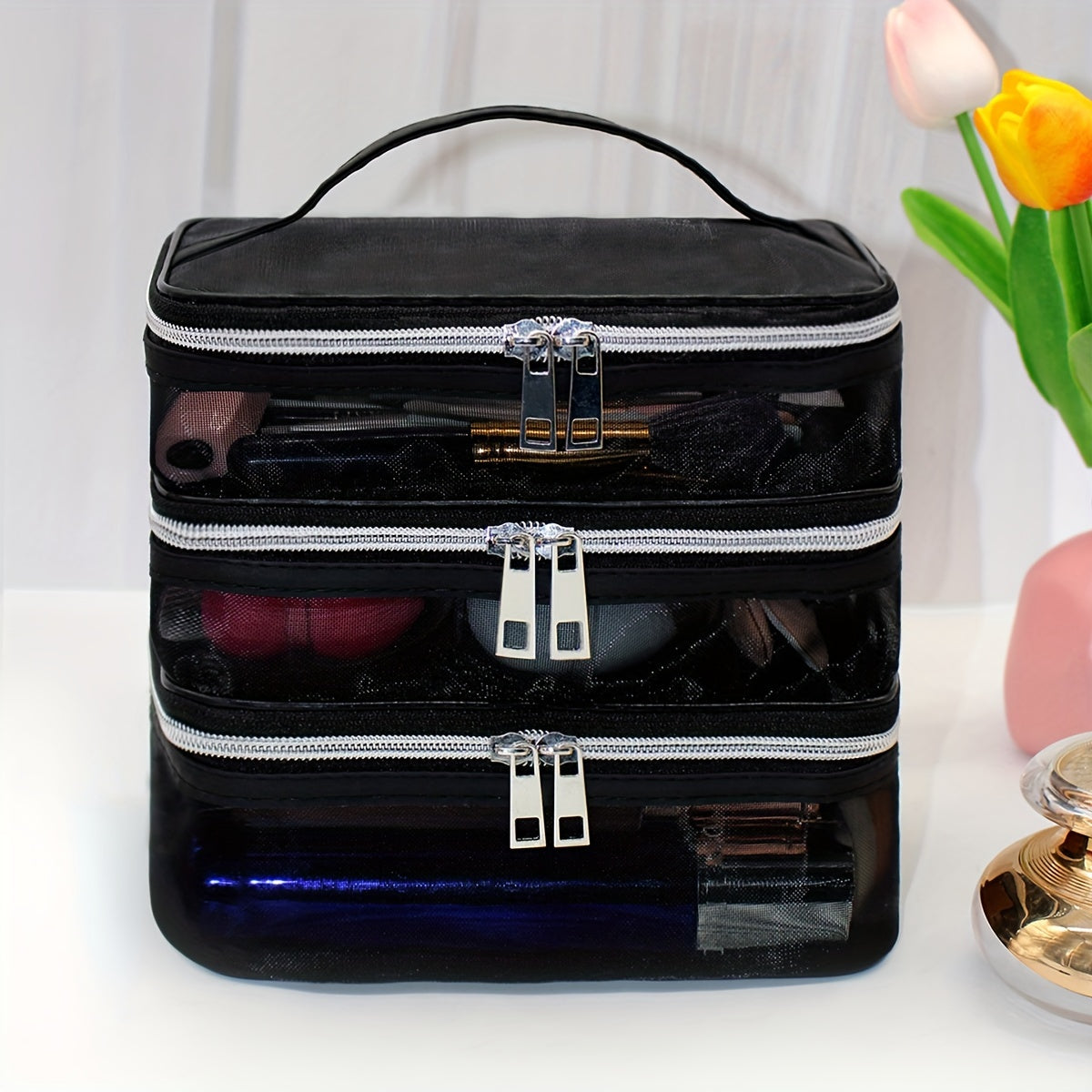 Large Capacity Nylon Multi-Layer Makeup Bag Organizer, Mesh Cosmetic Pouch for Travel & Home, Portable Unisex