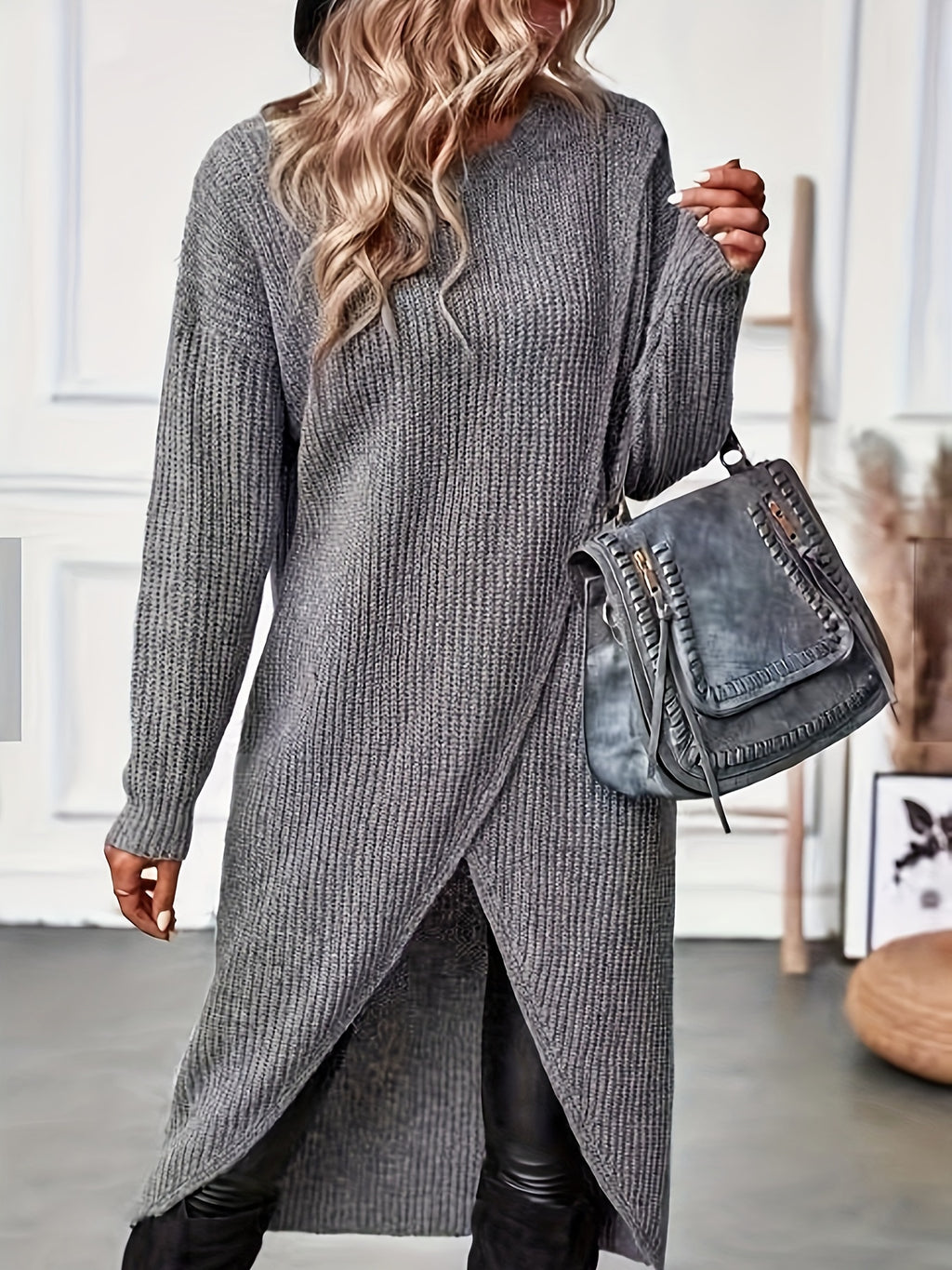 Women's Knitted Sweater Dress - Crew Neck Long Knit with Side Slit & Asymmetrical Hem