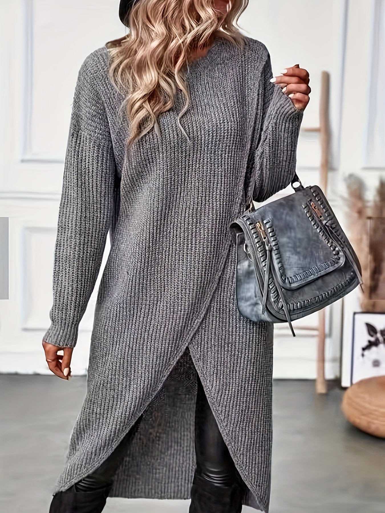 Women's Knitted Sweater Dress - Crew Neck Long Knit with Side Slit & Asymmetrical Hem