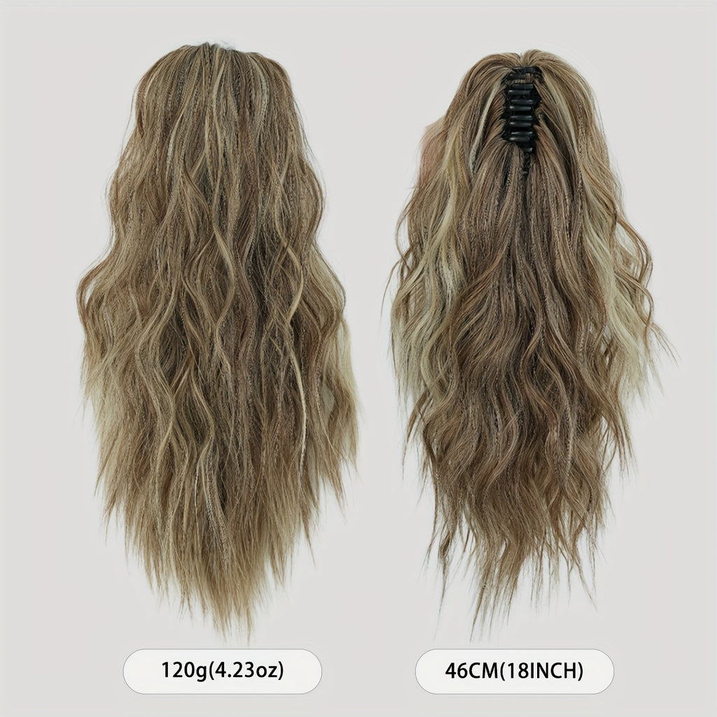 7JHH WIGS Water Wave Clip-In Ponytail Extensions – 18-inch (45 cm) Light Beige & Brown with Blonde Highlights, Natural Brown Roots, Heat-Resistant Synthetic for Volume & Length
