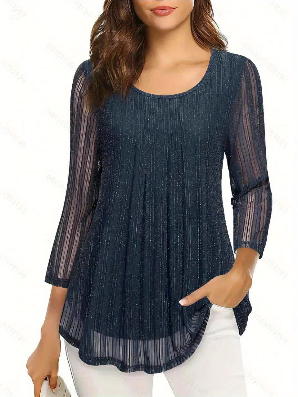 Plus Size Navy Blouse – Sheer Three-Quarter Sleeves, Crew Neck, Medium Stretch Oversized Top